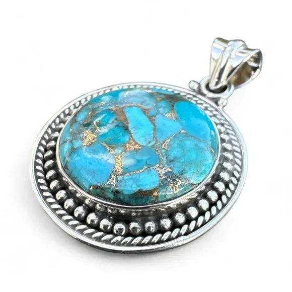 Kingman Blue Copper Turquoise Solid 925 Sterling Silver Pendant - Picture 3 of 4